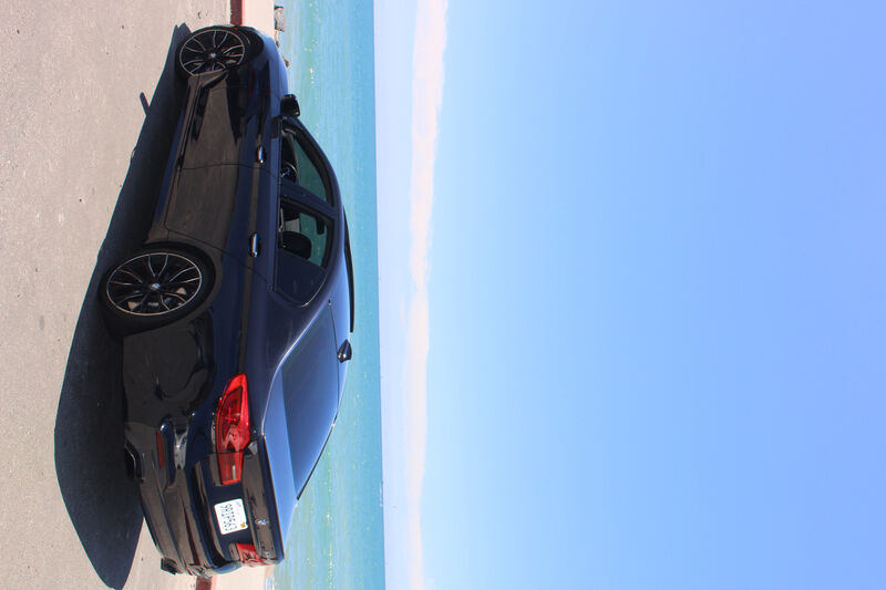 BMW 540i parked by the ocean - balancing subject with natural backdrop